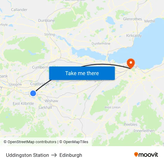 Uddingston Station to Edinburgh map