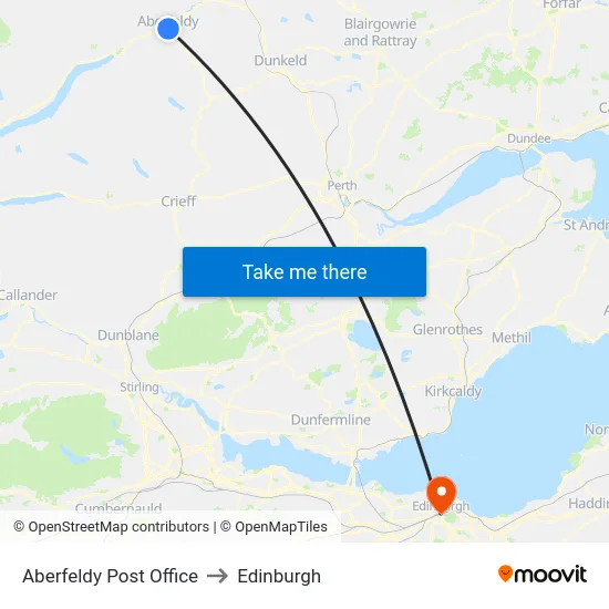 Aberfeldy Post Office to Edinburgh map