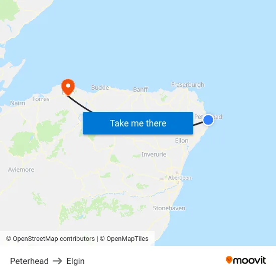 Peterhead to Elgin map