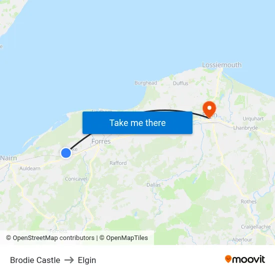 Brodie Castle to Elgin map