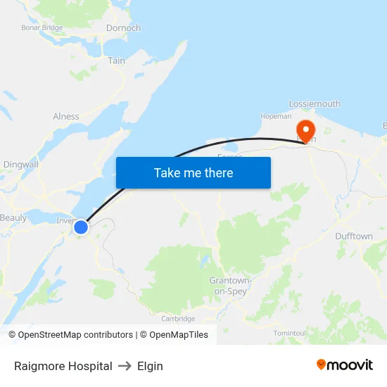Raigmore Hospital to Elgin map