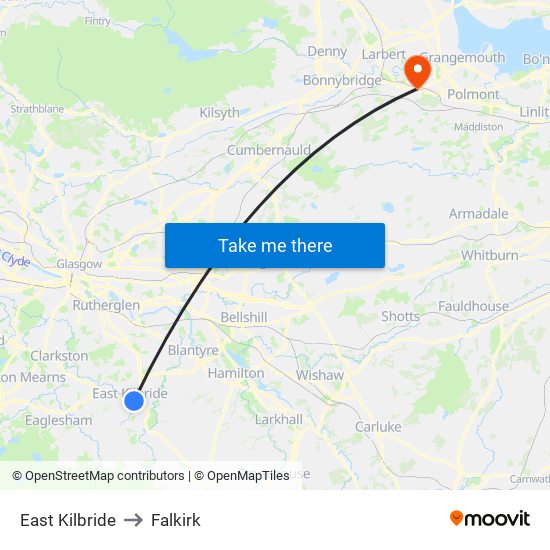 East Kilbride to Falkirk map