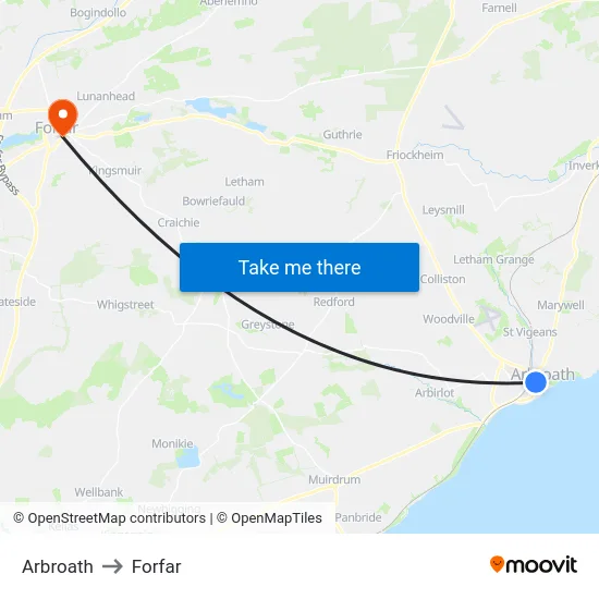 Arbroath to Forfar map