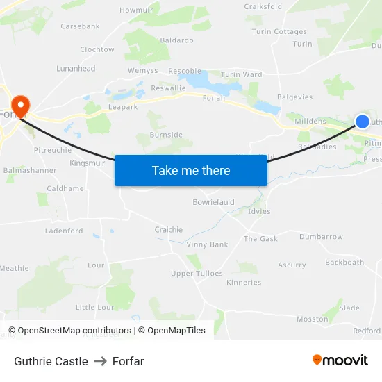 Guthrie Castle to Forfar map