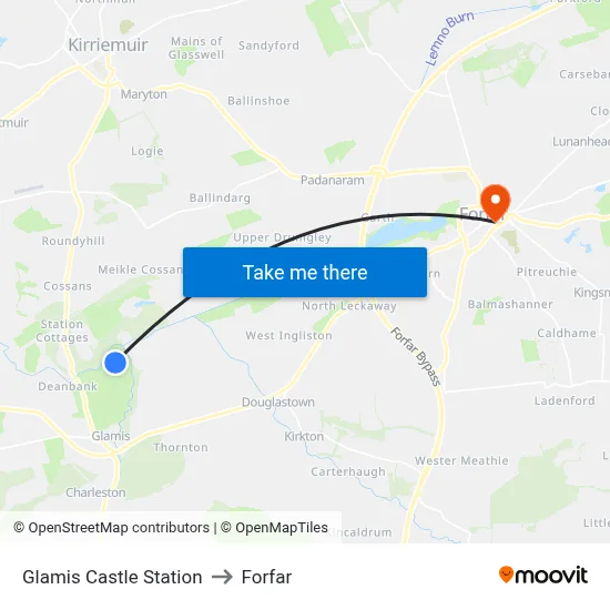 Glamis Castle Station to Forfar map