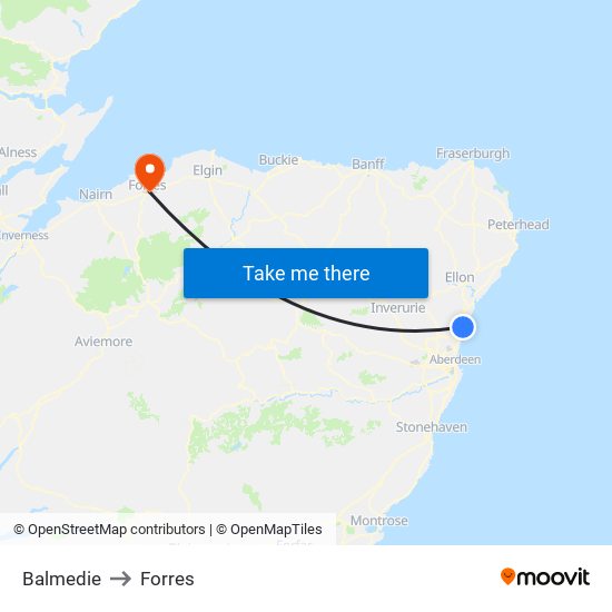 Balmedie to Forres map