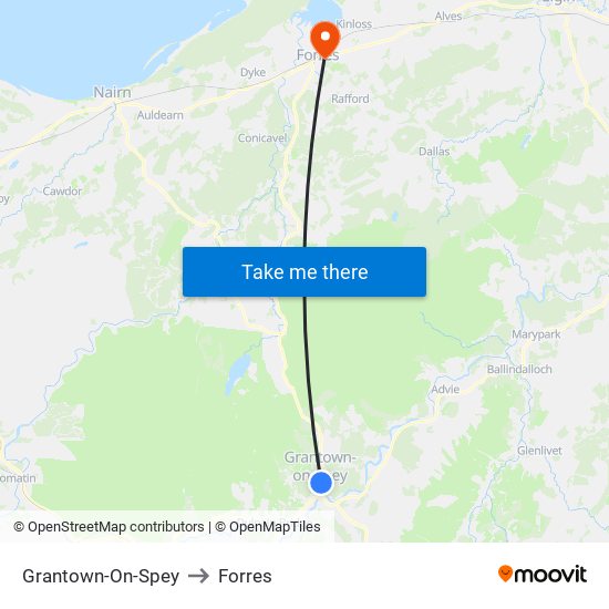 Grantown-On-Spey to Forres map