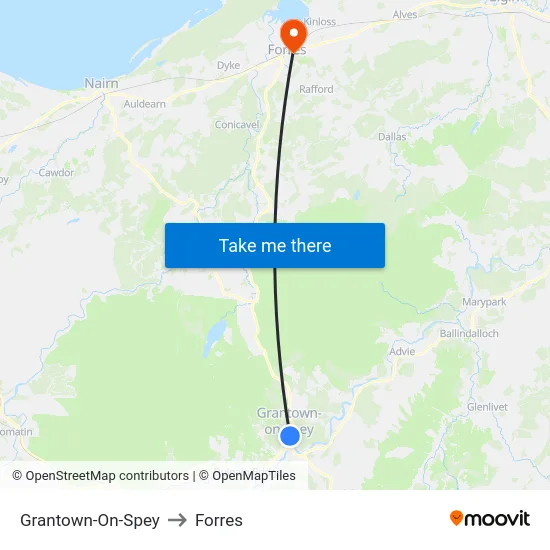 Grantown-On-Spey to Forres map