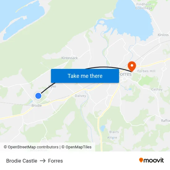 Brodie Castle to Forres map