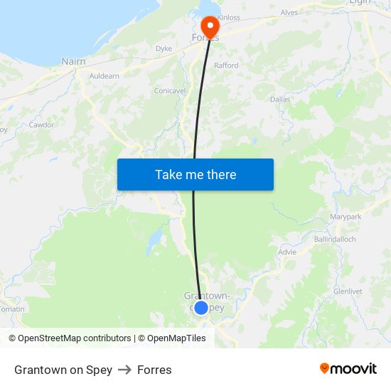 Grantown on Spey to Forres map