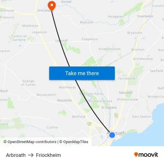 Arbroath to Friockheim map