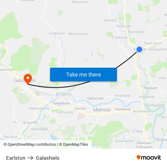 Earlston to Galashiels map