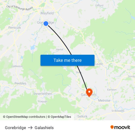 Gorebridge to Galashiels map