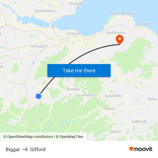 Biggar to Gifford map