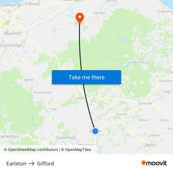 Earlston to Gifford map