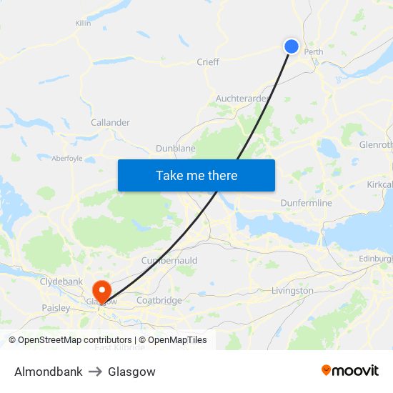 Almondbank to Glasgow map
