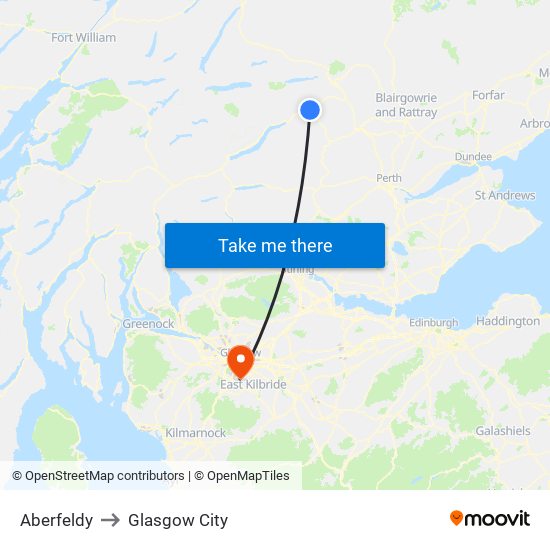 Aberfeldy to Glasgow City map