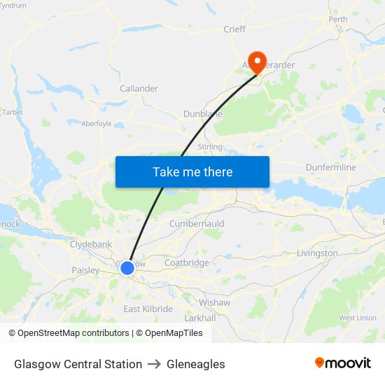 Glasgow Central Station to Gleneagles map