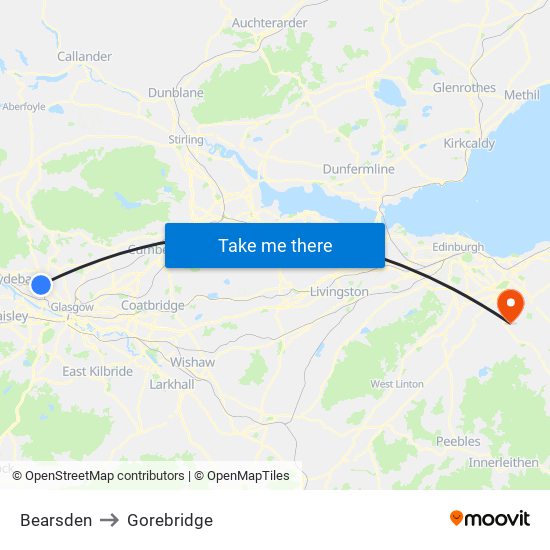 Bearsden to Gorebridge map