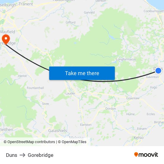 Duns to Gorebridge map