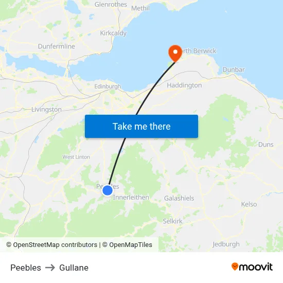 Peebles to Gullane map