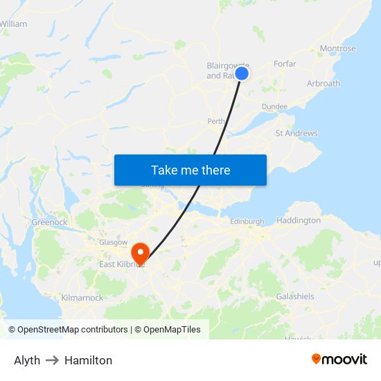 Alyth to Hamilton map