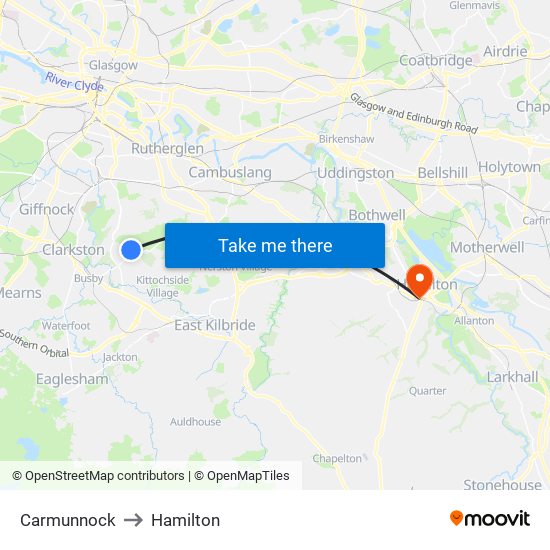 Carmunnock to Hamilton map