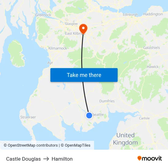 Castle Douglas to Hamilton map