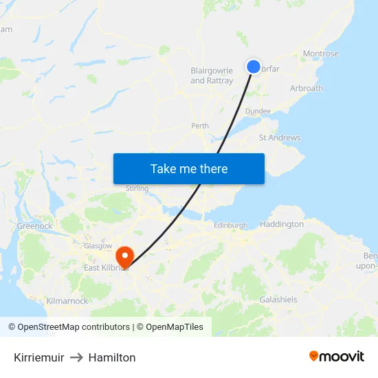 Kirriemuir to Hamilton map