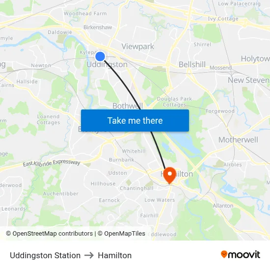 Uddingston Station to Hamilton map
