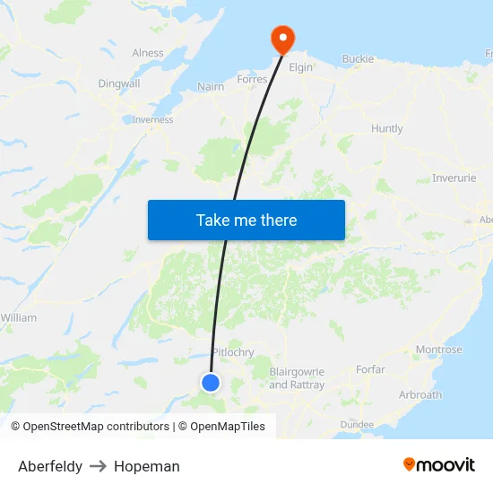 Aberfeldy to Hopeman map