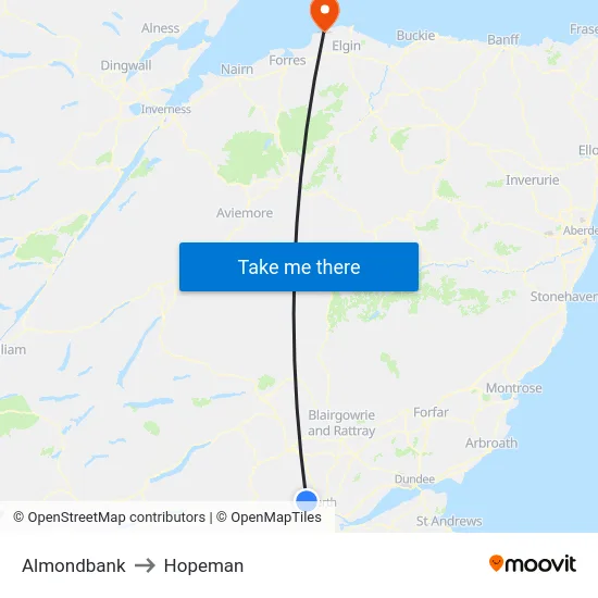 Almondbank to Hopeman map
