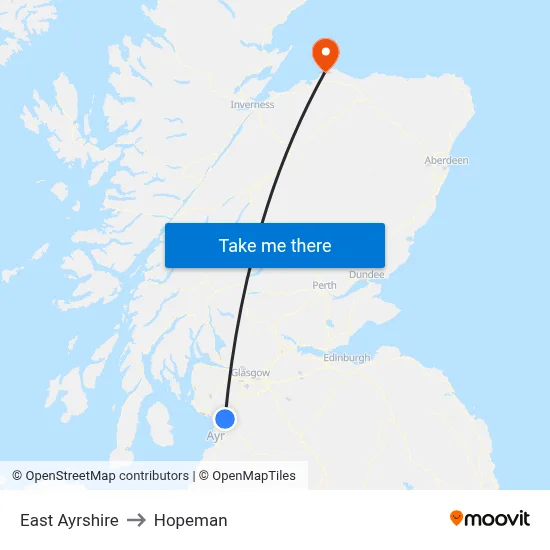 East Ayrshire to Hopeman map