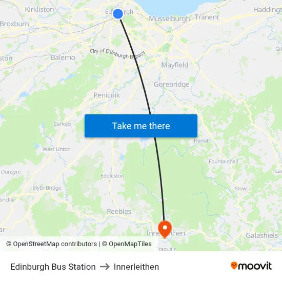 Edinburgh Bus Station to Innerleithen map