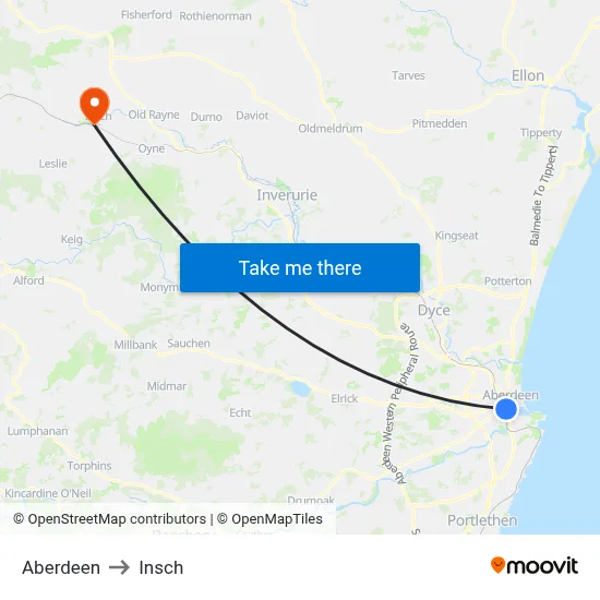 Aberdeen to Insch map