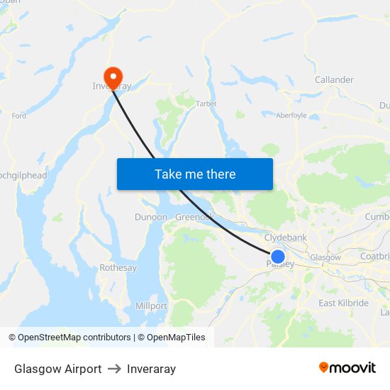 Glasgow Airport to Inveraray map