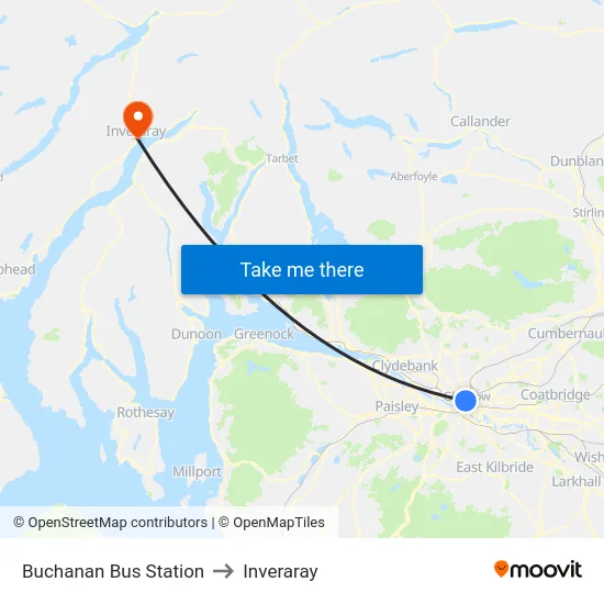 Buchanan Bus Station to Inveraray map