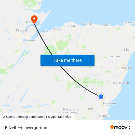 Edzell to Invergordon map