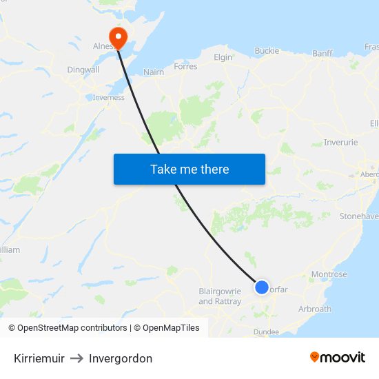 Kirriemuir to Invergordon map