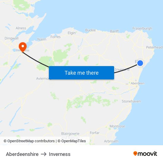 Aberdeenshire to Inverness map