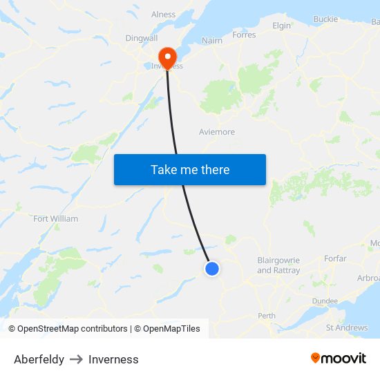 Aberfeldy to Inverness map