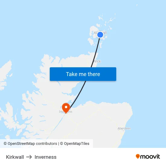 Kirkwall to Inverness map