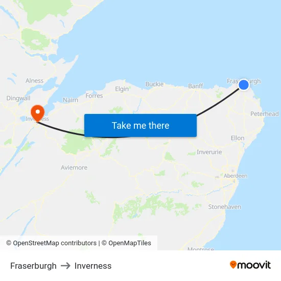 Fraserburgh to Inverness map