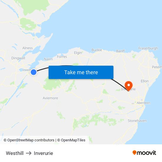 Westhill to Inverurie map