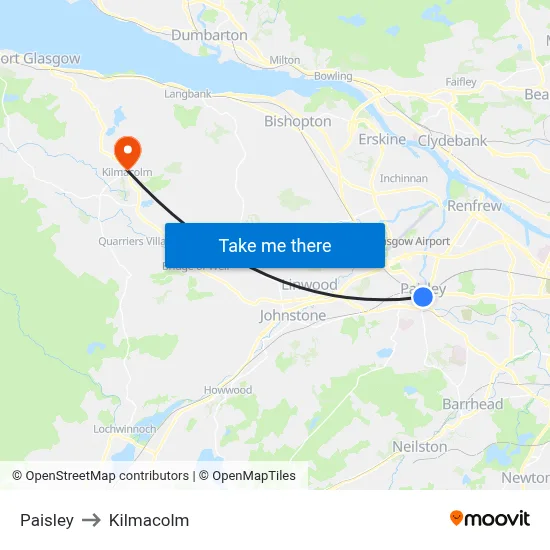 Paisley to Kilmacolm map