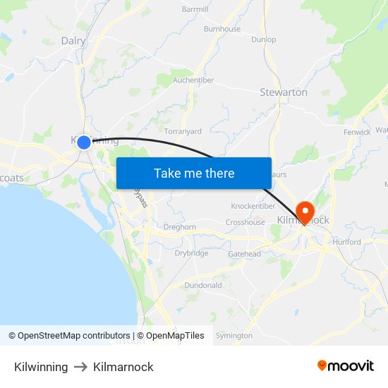 Kilwinning to Kilmarnock map