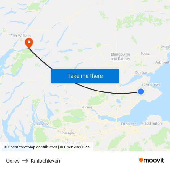 Ceres to Kinlochleven map