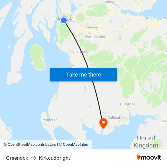 Greenock to Kirkcudbright map