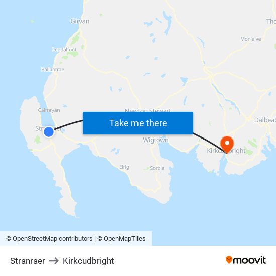 Stranraer to Kirkcudbright map