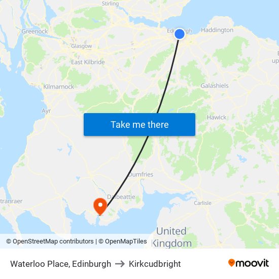 Waterloo Place, Edinburgh to Kirkcudbright map